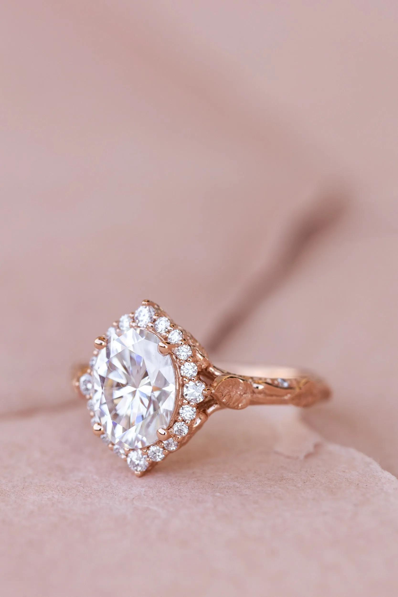 Sparkling moissanite engagement ring, nature themed proposal ring with diamond halo / Florentina