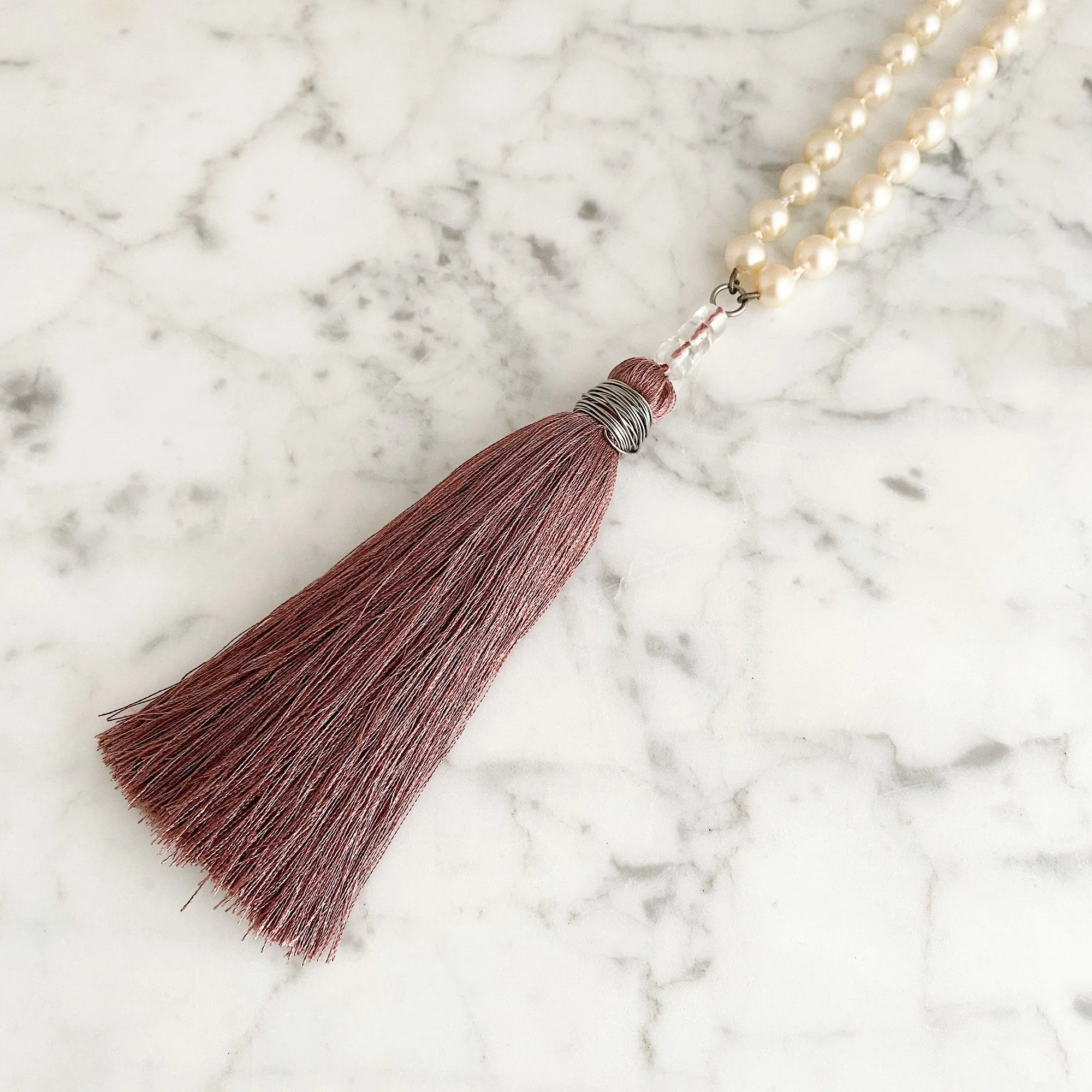 TOVA pearl and dusty rose tassel necklace