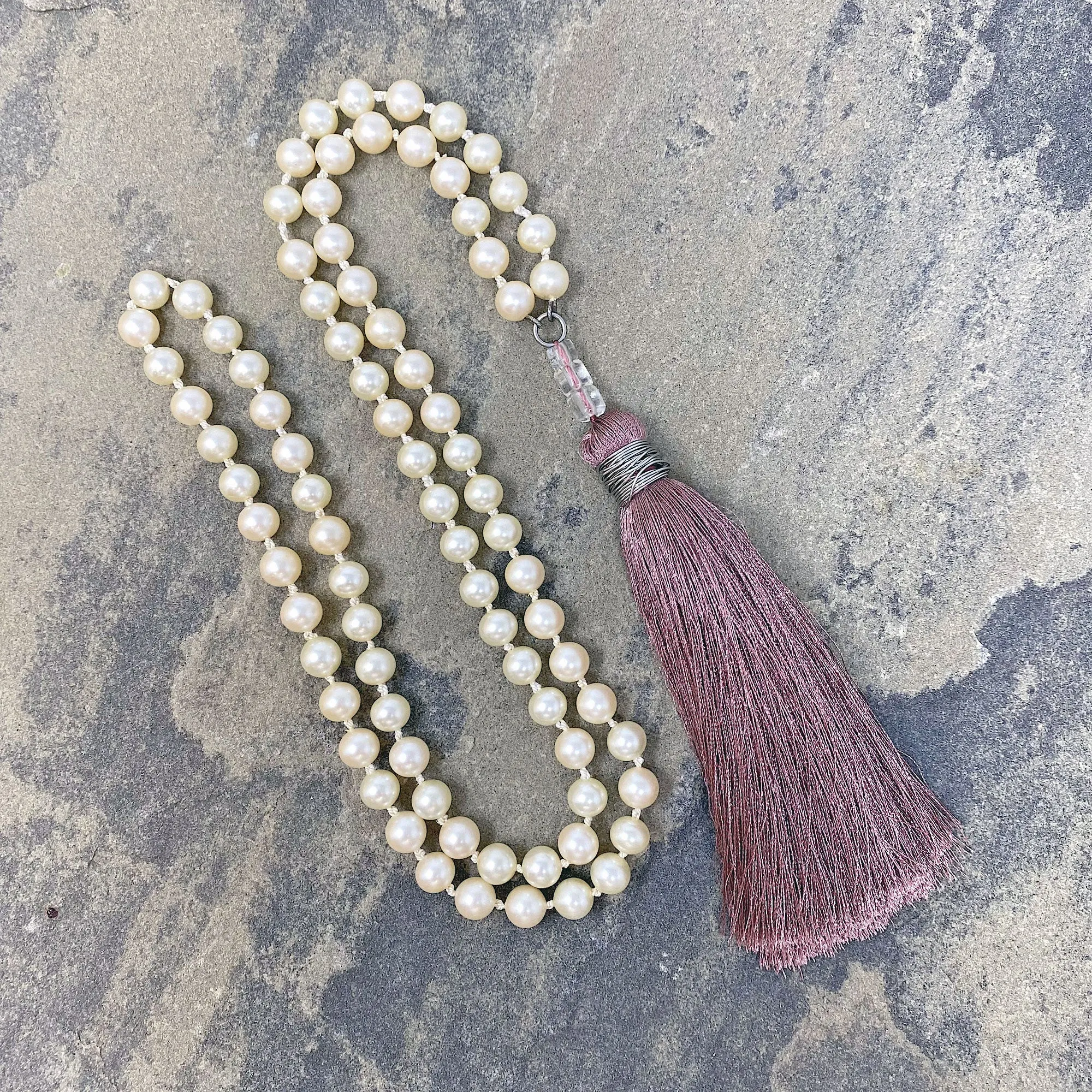 TOVA pearl and dusty rose tassel necklace