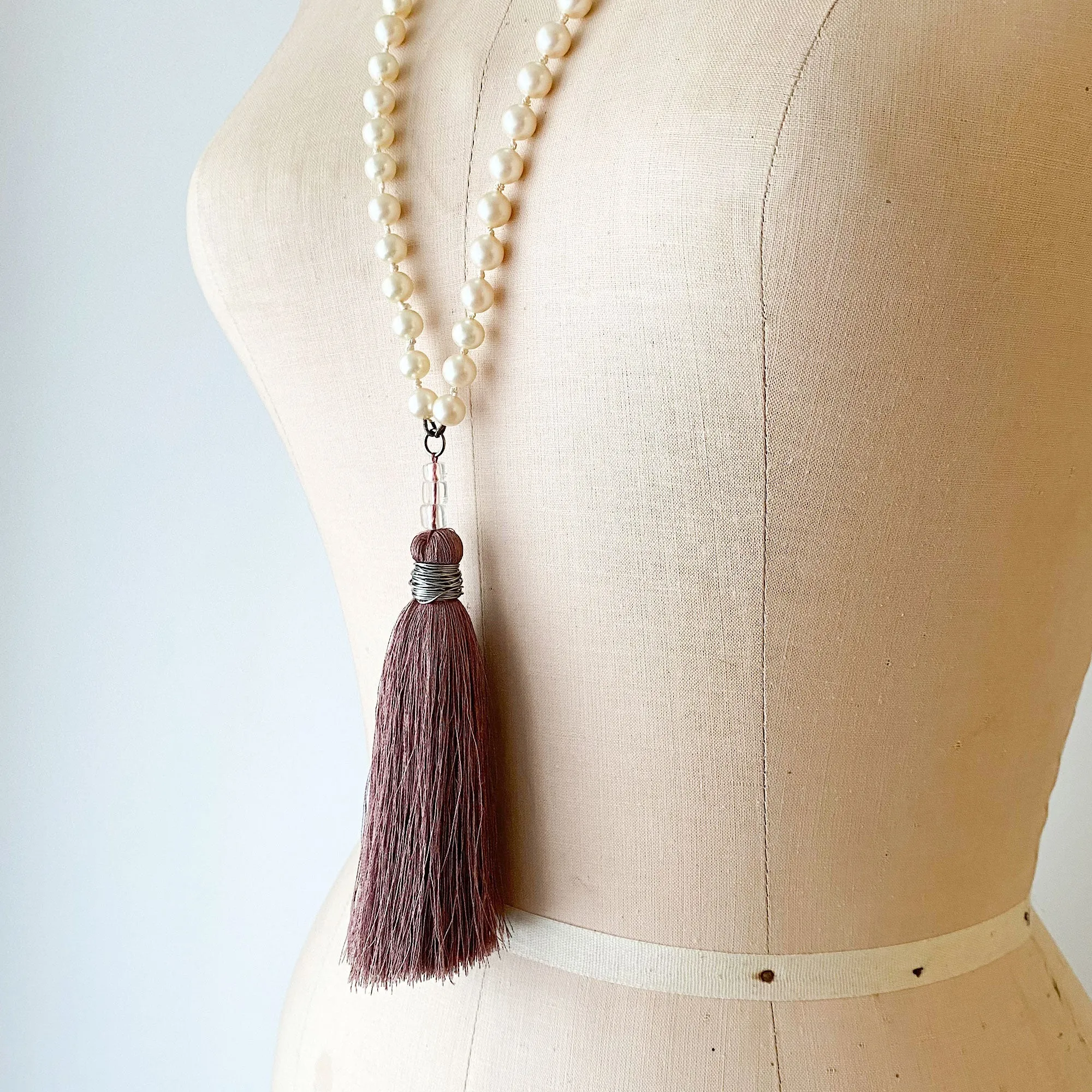 TOVA pearl and dusty rose tassel necklace