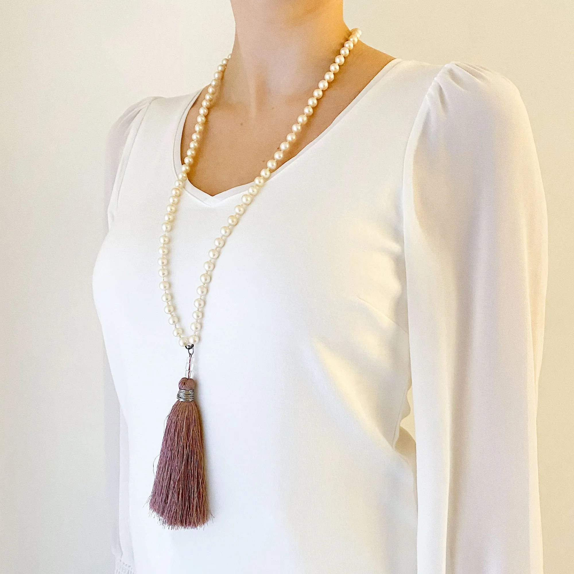 TOVA pearl and dusty rose tassel necklace