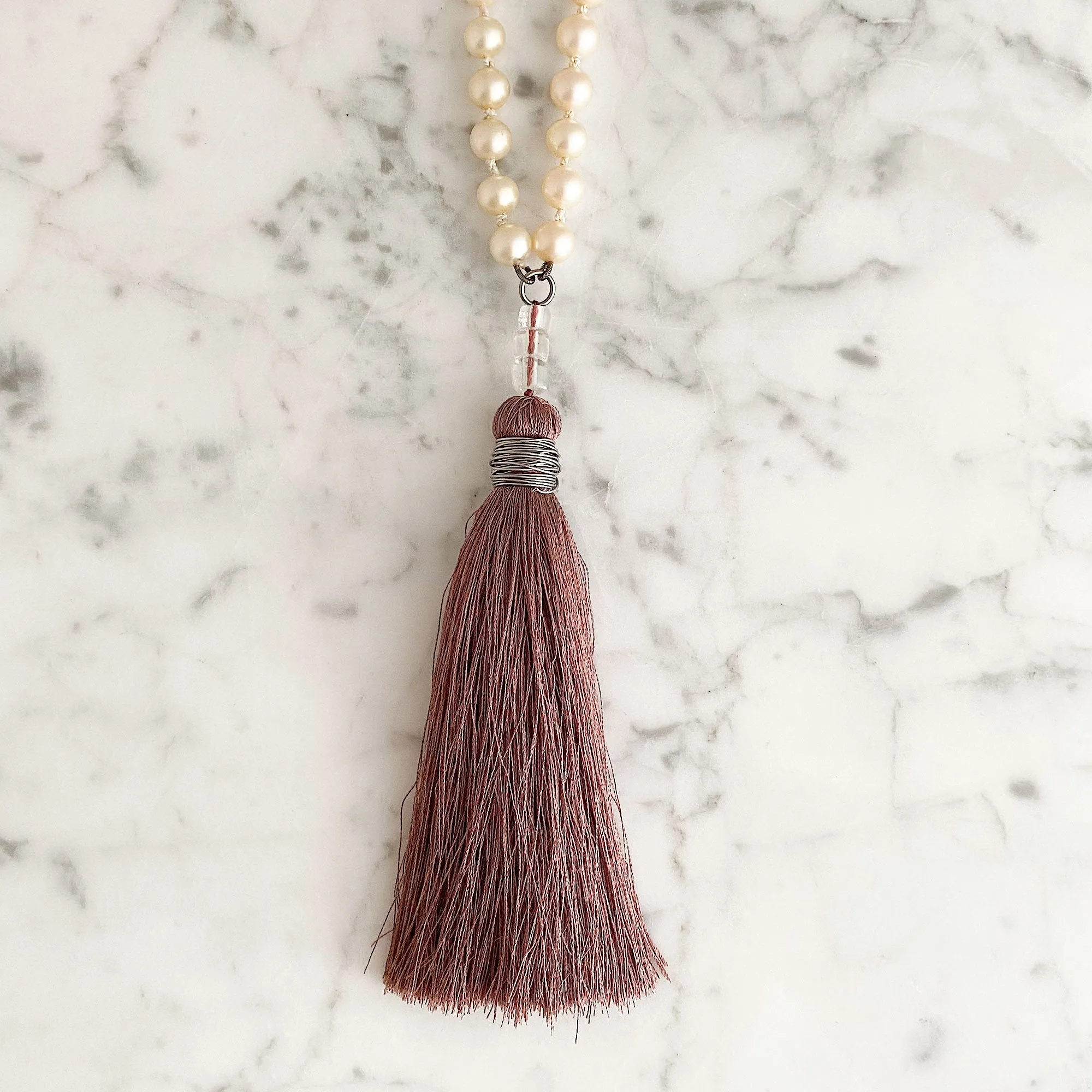 TOVA pearl and dusty rose tassel necklace