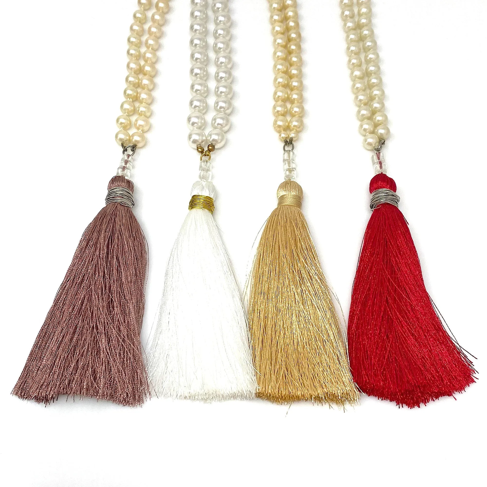 TOVA pearl and dusty rose tassel necklace