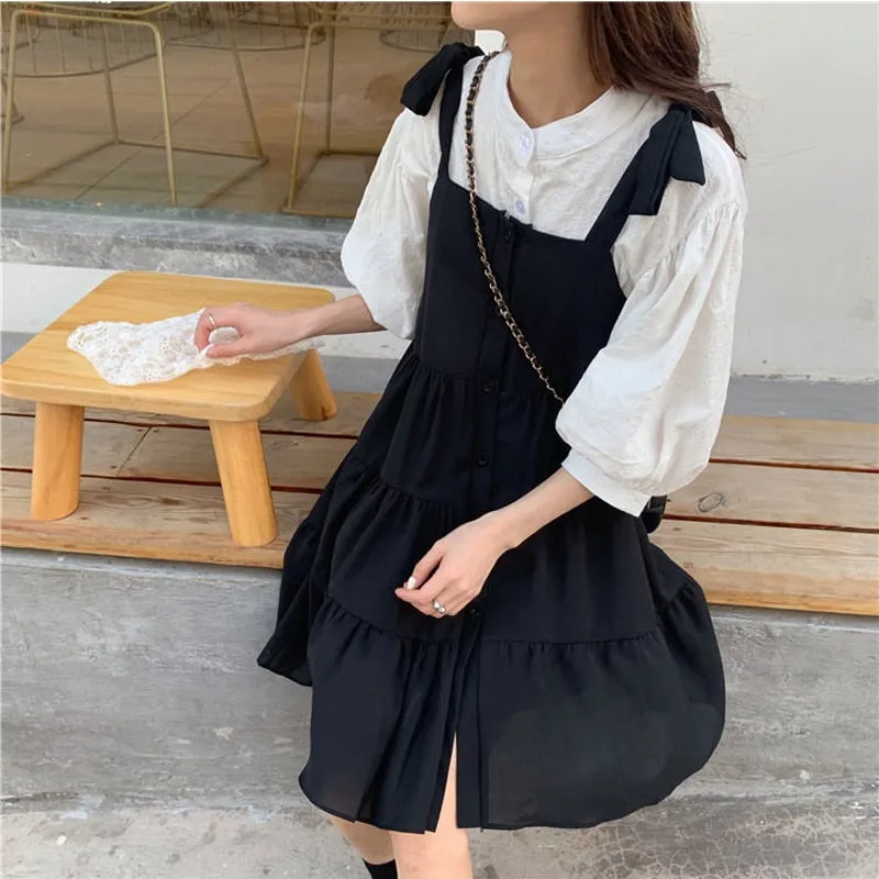 Two-Piece-Set: Lantern Sleeve Blouse   Loose-Fitting Dress With Buttons