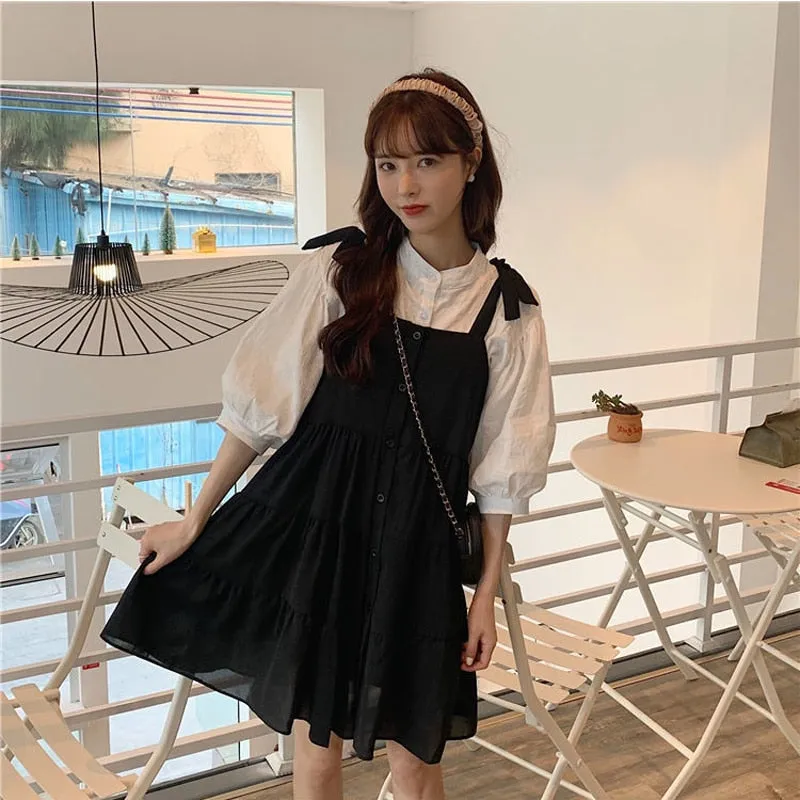 Two-Piece-Set: Lantern Sleeve Blouse   Loose-Fitting Dress With Buttons