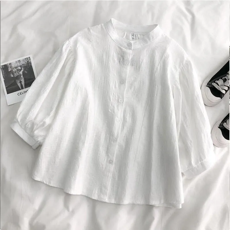 Two-Piece-Set: Lantern Sleeve Blouse   Loose-Fitting Dress With Buttons