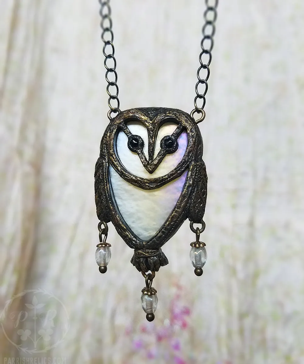 tyto alba ~ Opalescent Stained Glass Barn Owl Amulet