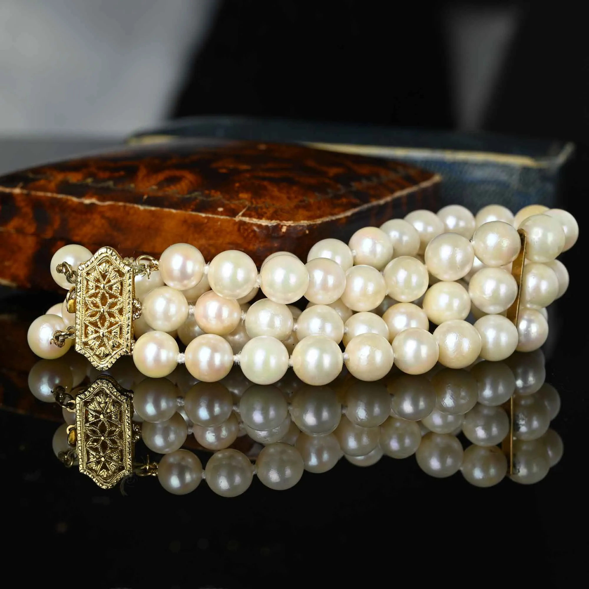 Vintage 14K Gold Three Row Pearl Bracelet