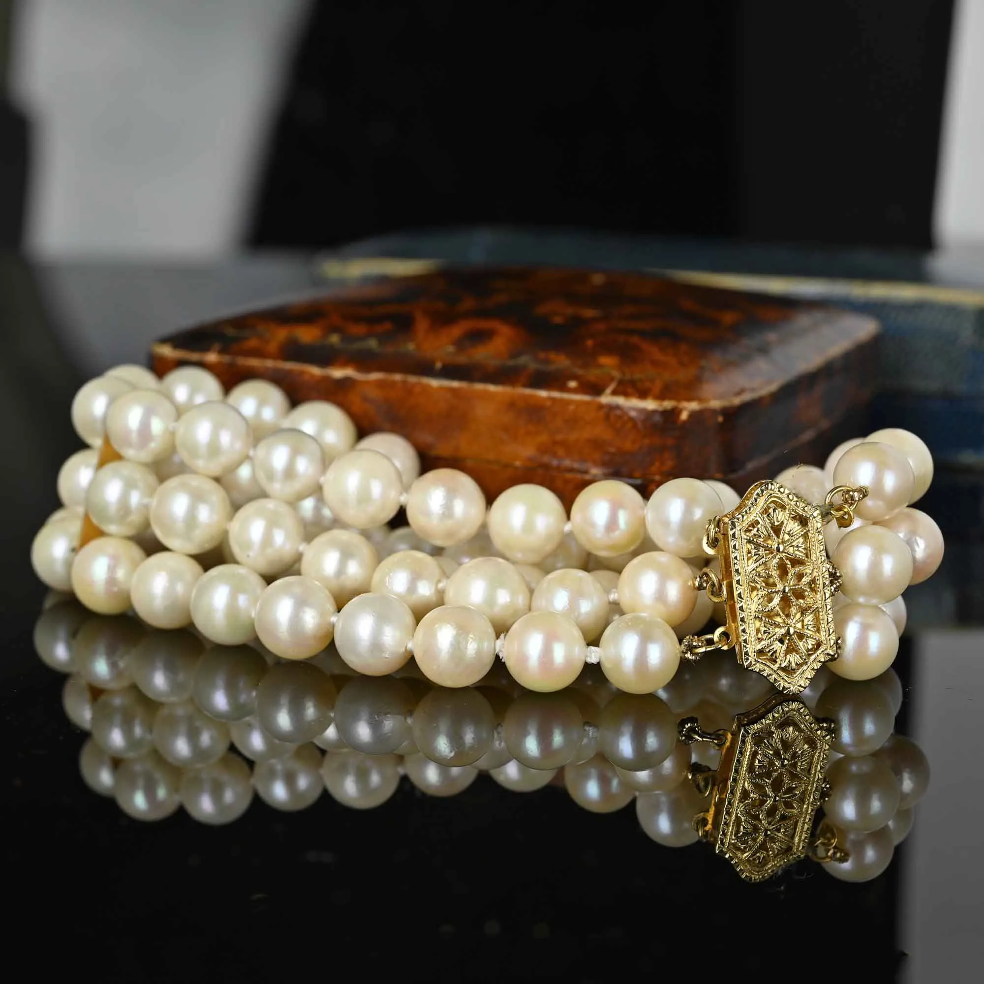 Vintage 14K Gold Three Row Pearl Bracelet