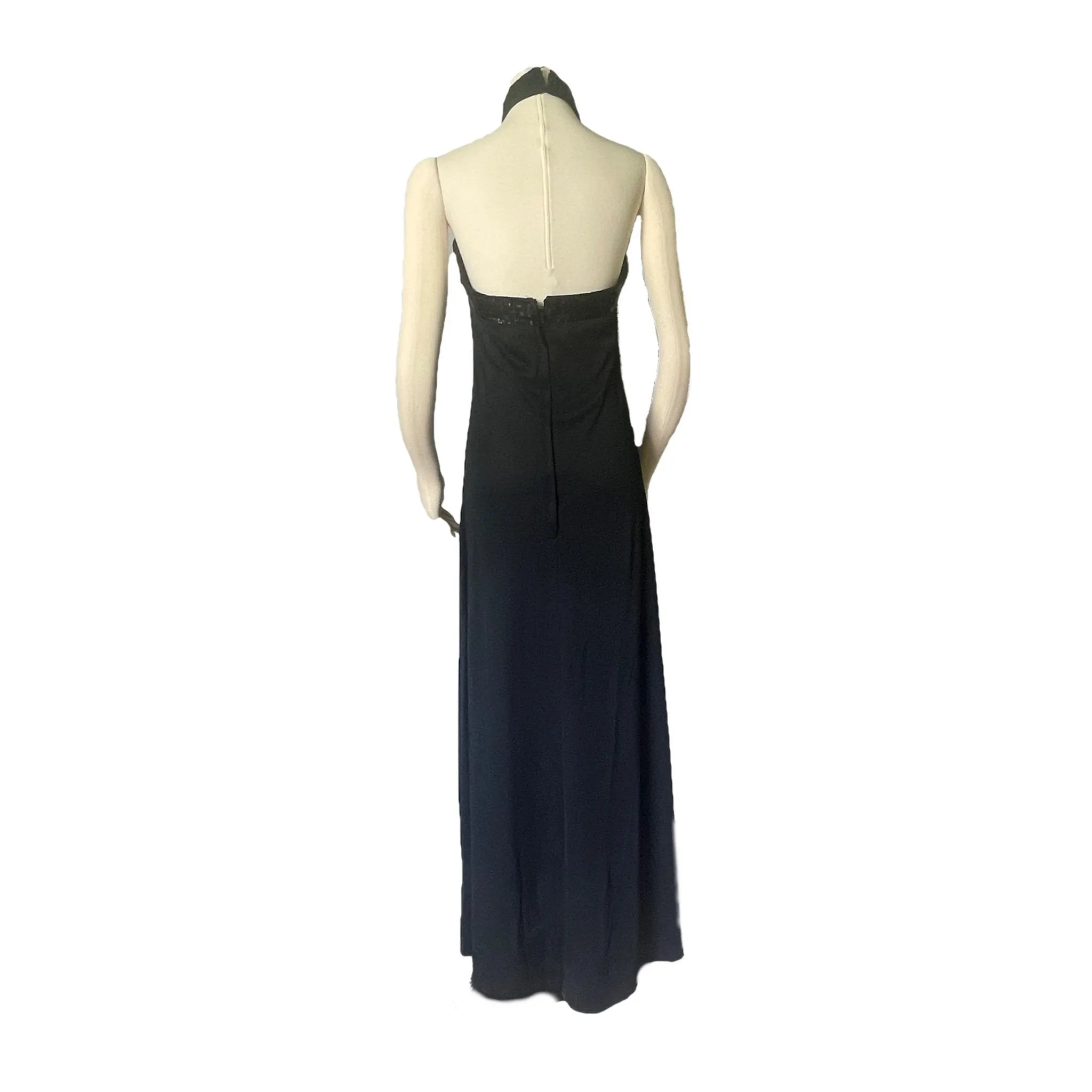 Vintage Black Evening Gown in Halter Style with Black Sequin Accents. Elegant Formal Dress.