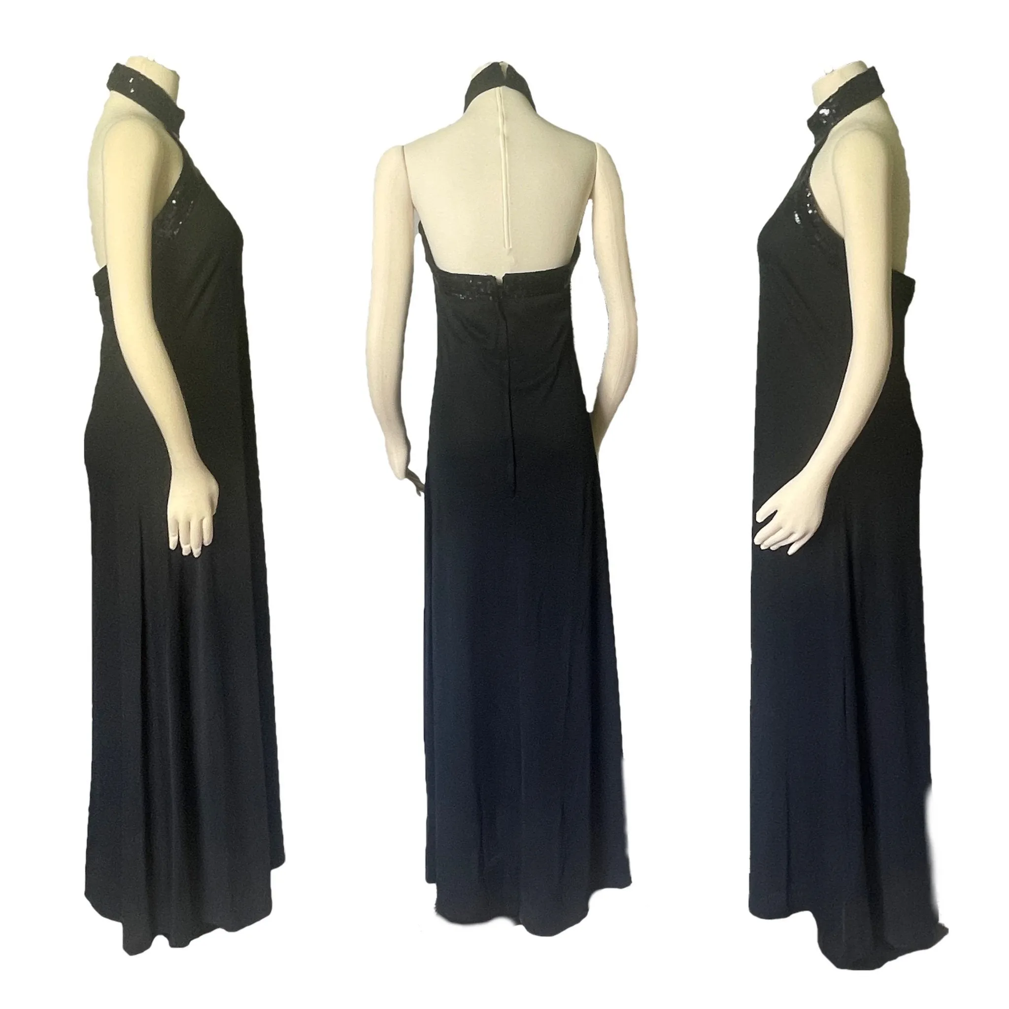 Vintage Black Evening Gown in Halter Style with Black Sequin Accents. Elegant Formal Dress.