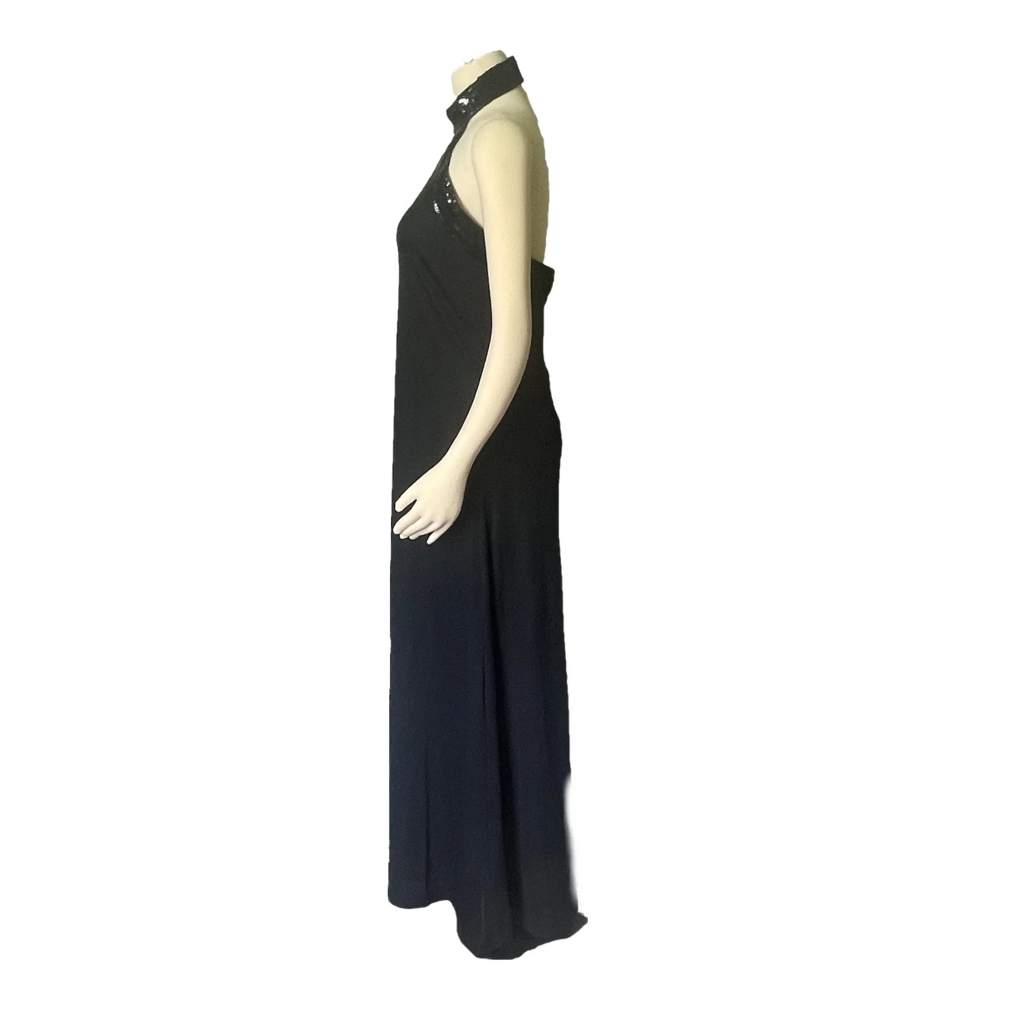 Vintage Black Evening Gown in Halter Style with Black Sequin Accents. Elegant Formal Dress.