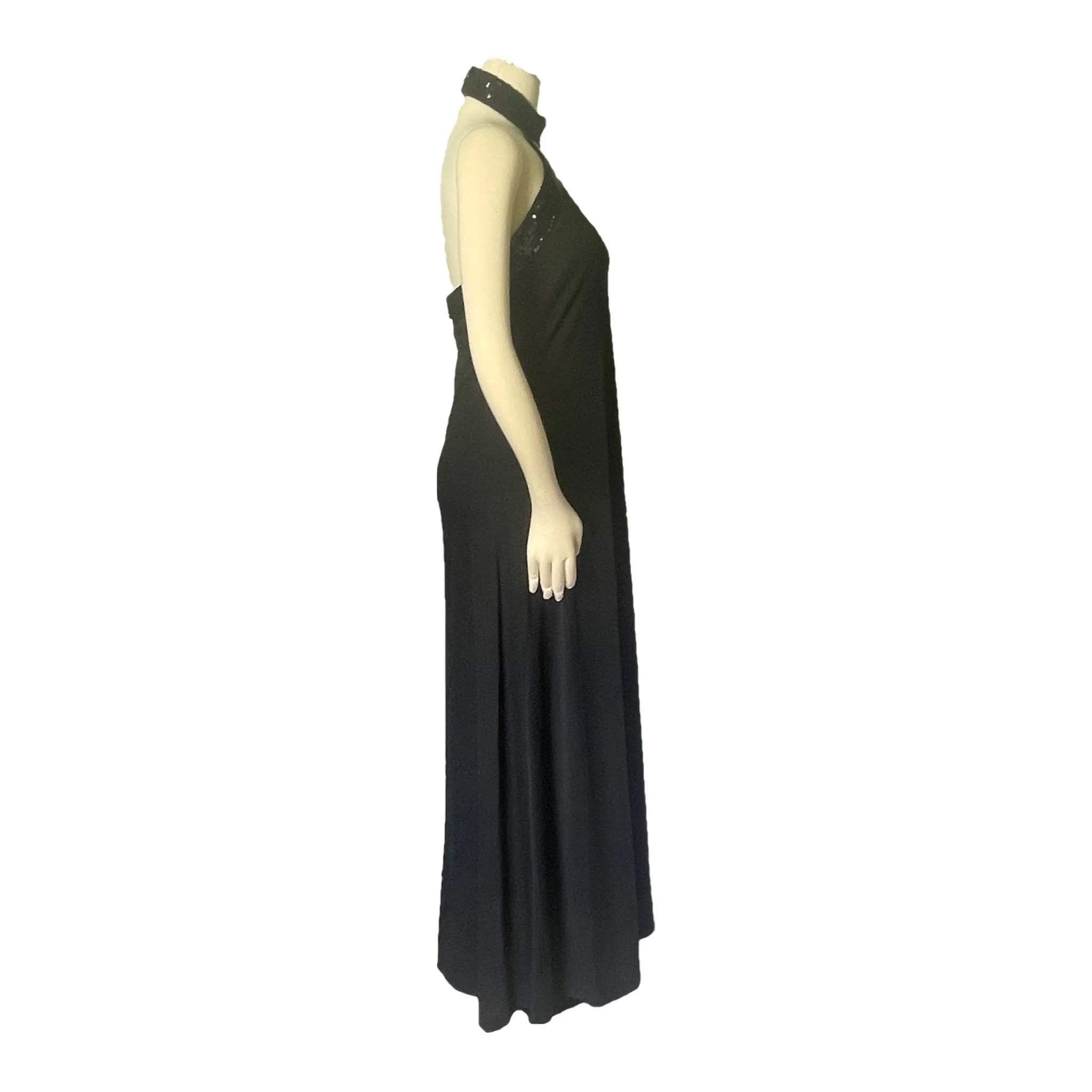 Vintage Black Evening Gown in Halter Style with Black Sequin Accents. Elegant Formal Dress.