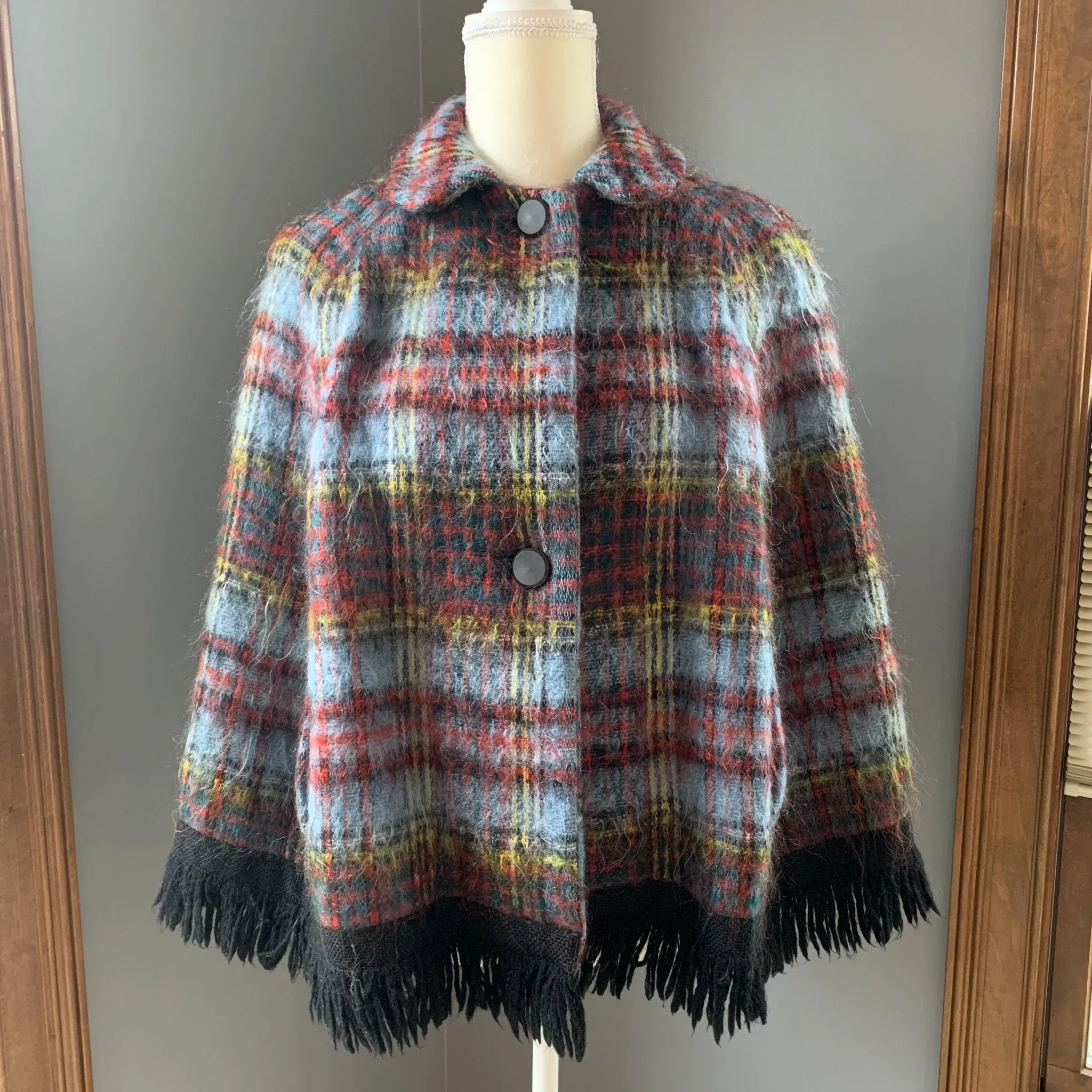 Vintage Mohair Wool Poncho or Jacket in Blue and Red Plaid from Strathtay Originals of Scotland.