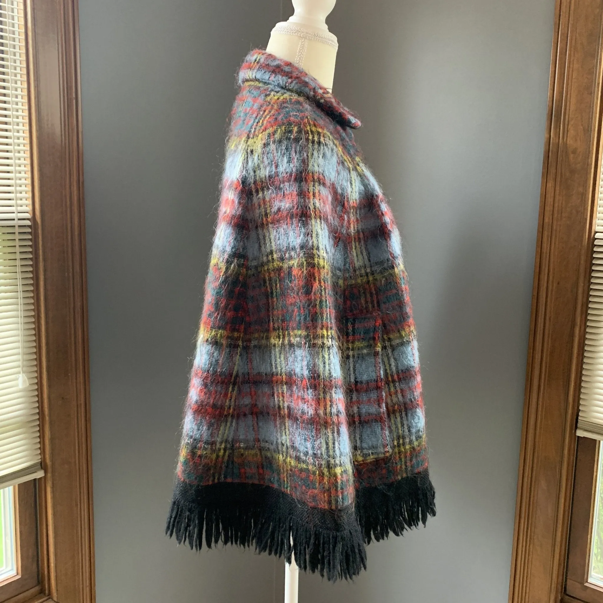 Vintage Mohair Wool Poncho or Jacket in Blue and Red Plaid from Strathtay Originals of Scotland.