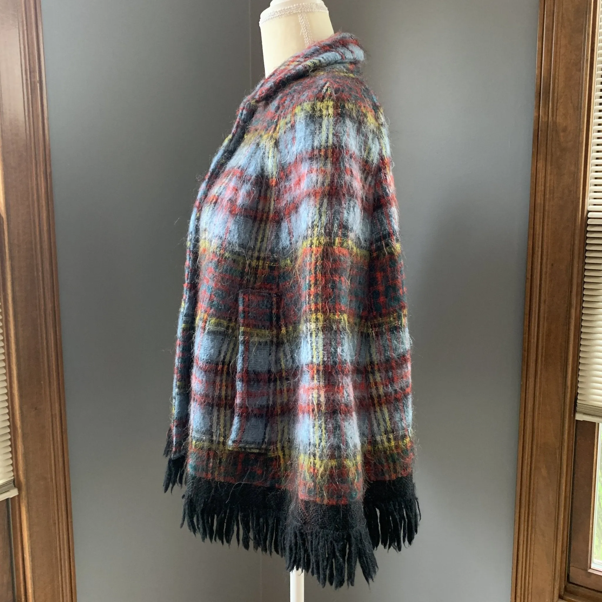 Vintage Mohair Wool Poncho or Jacket in Blue and Red Plaid from Strathtay Originals of Scotland.