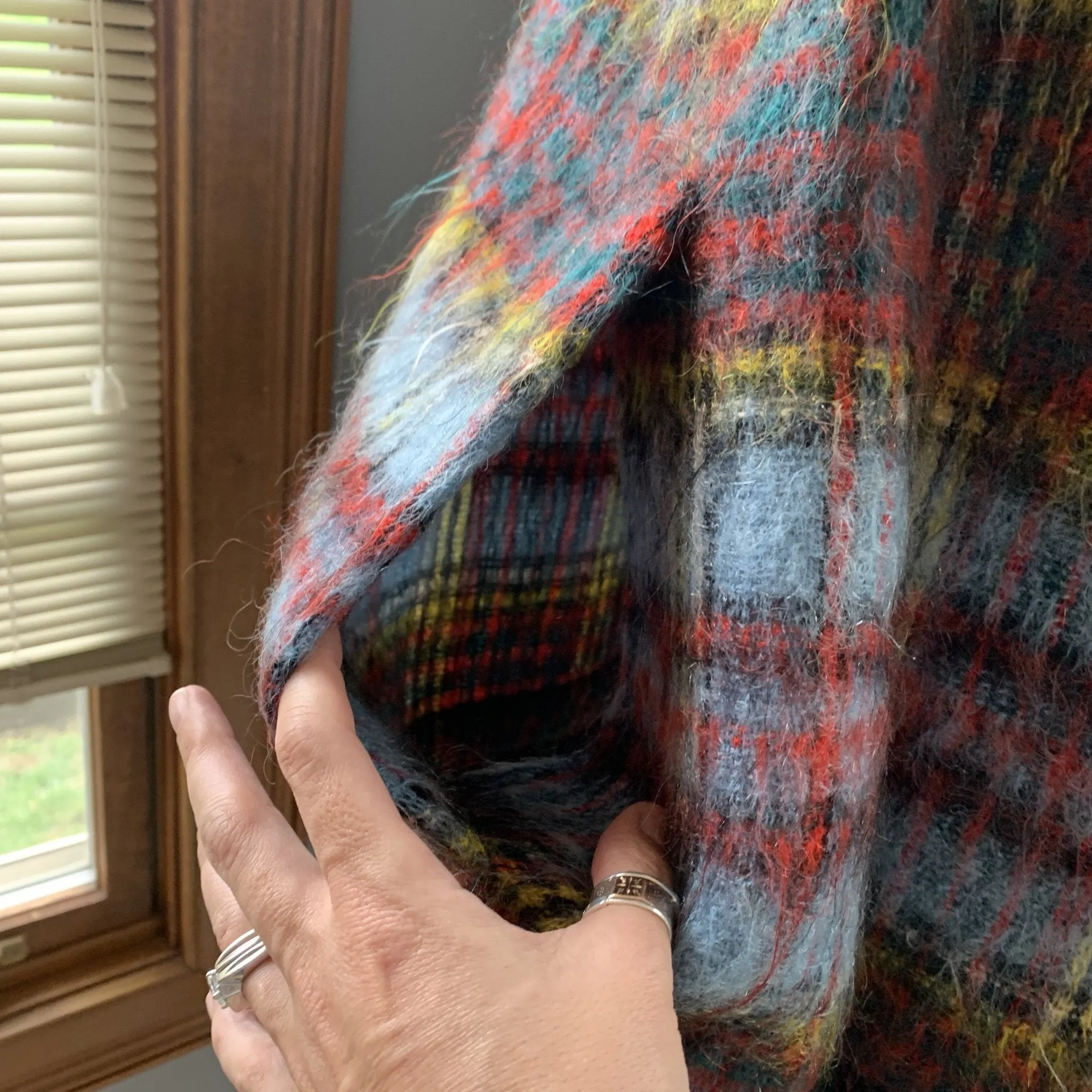 Vintage Mohair Wool Poncho or Jacket in Blue and Red Plaid from Strathtay Originals of Scotland.