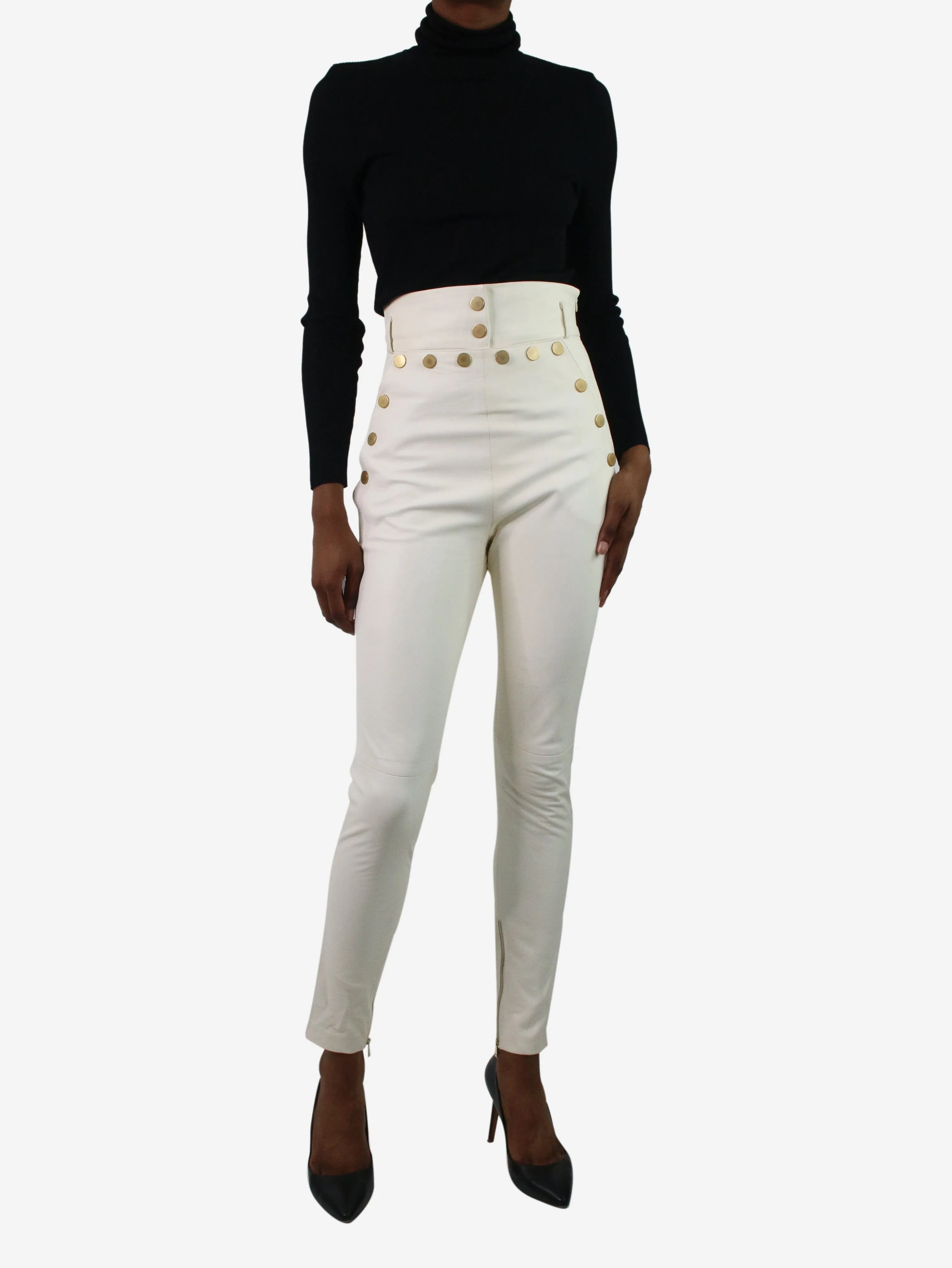 White leather stud-buttoned trousers - size FR 34