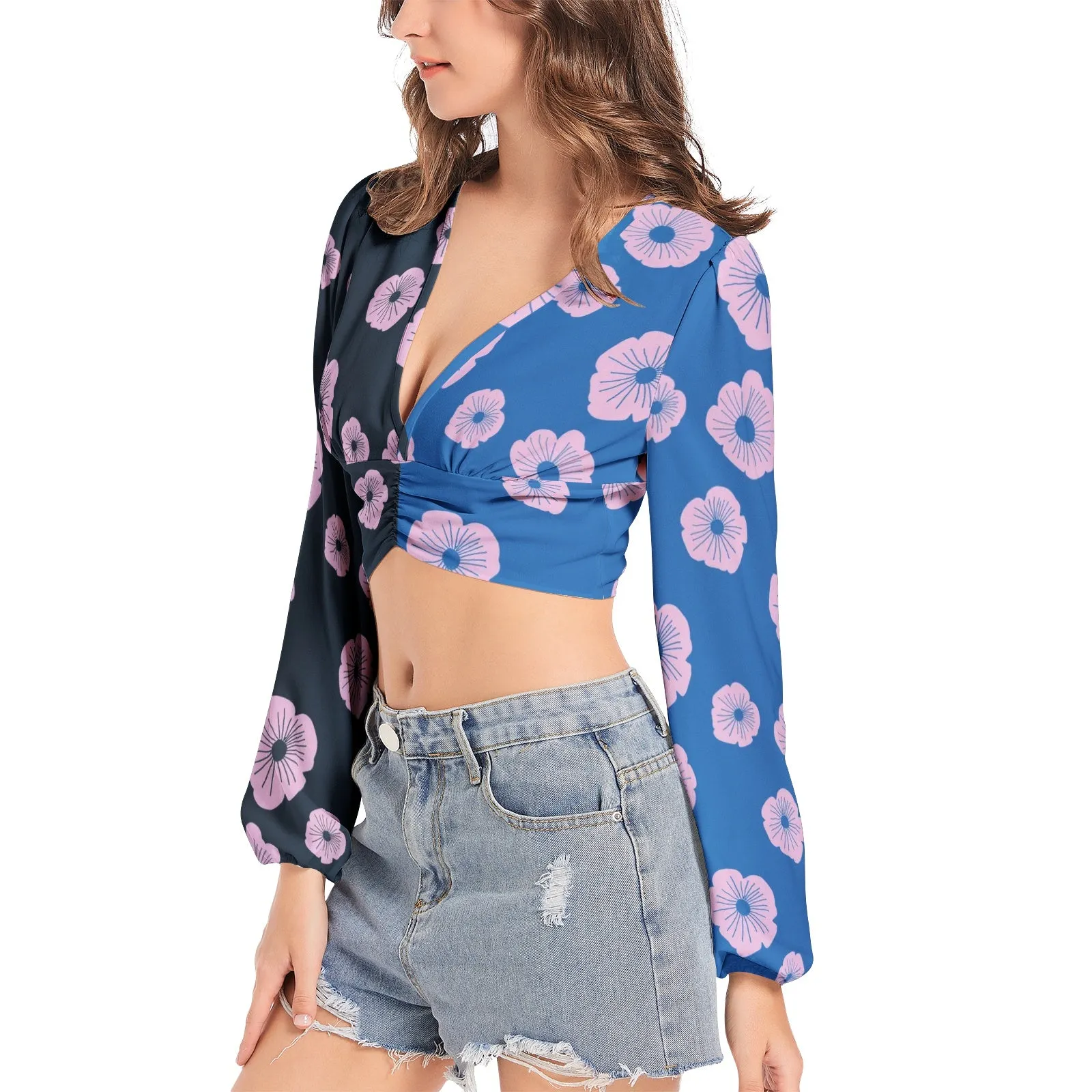 Women's Deep V-Neck Lantern Sleeve Crop Top