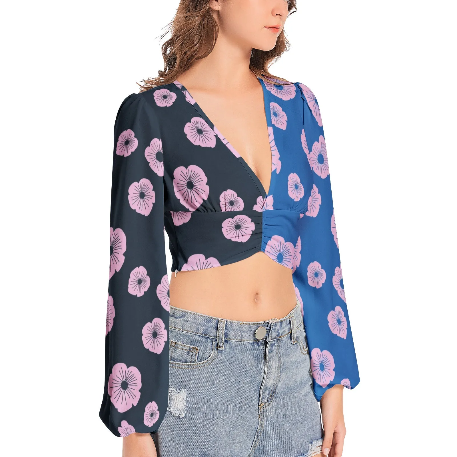 Women's Deep V-Neck Lantern Sleeve Crop Top