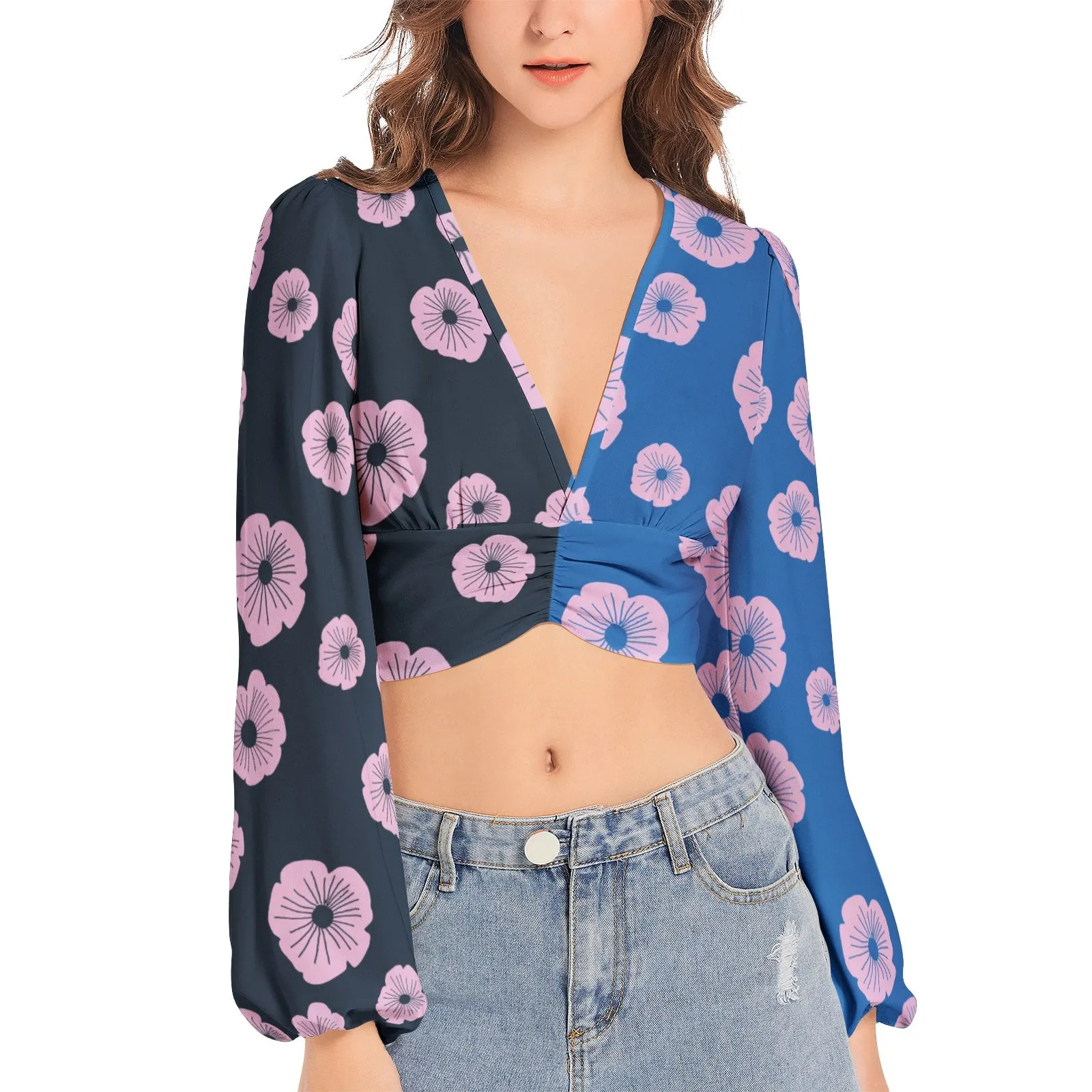 Women's Deep V-Neck Lantern Sleeve Crop Top