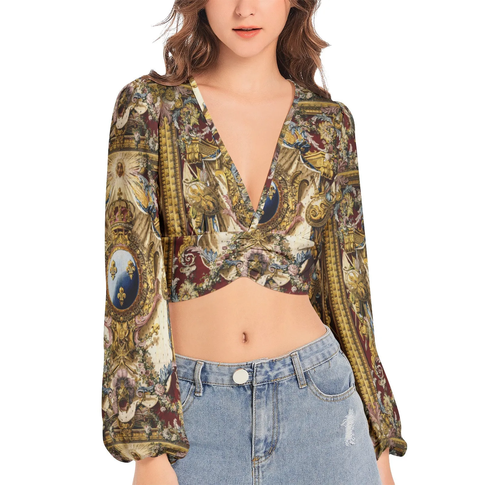 Women's Deep V-Neck Lantern Sleeve Crop Top