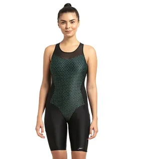 Women's Mesh Panel Legsuit Swimwear  - Black & Greenglow