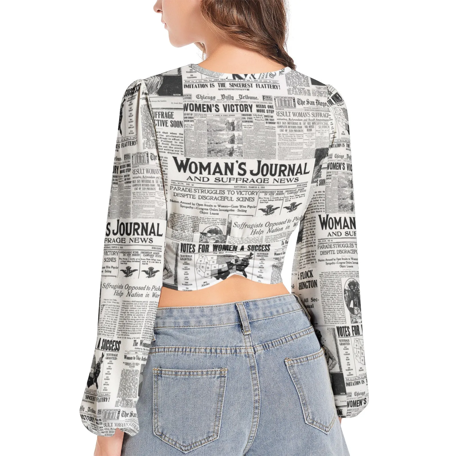 Women's Suffrage Commerative Women's Deep V-Neck Lantern Sleeve Crop Top