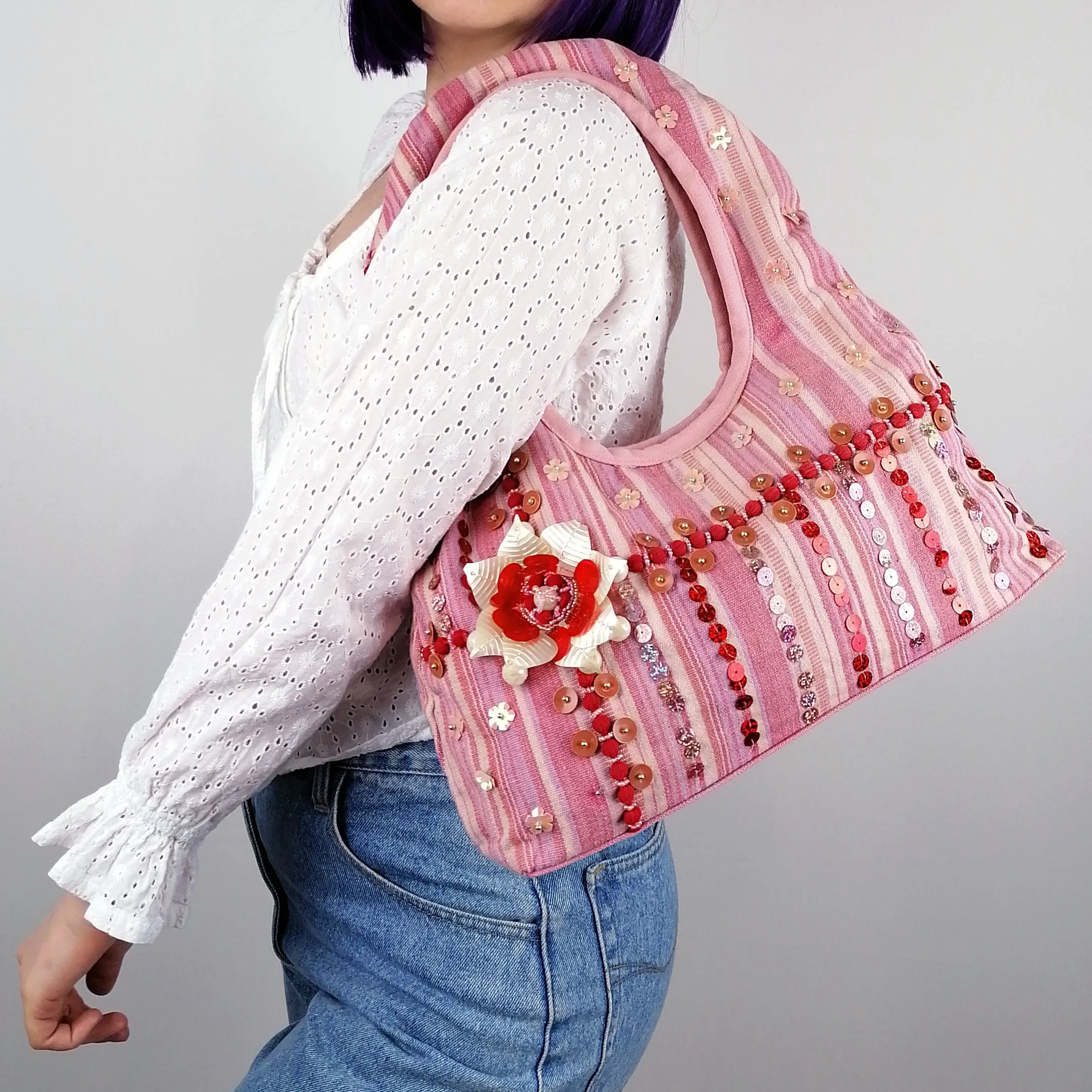 Y2K Pink Stripes Sequins Tote