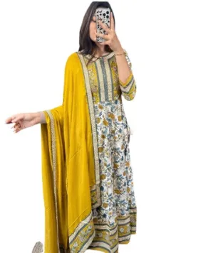 Yellow Cotton Saganeri Print Adda Work Anarkali Suit Set